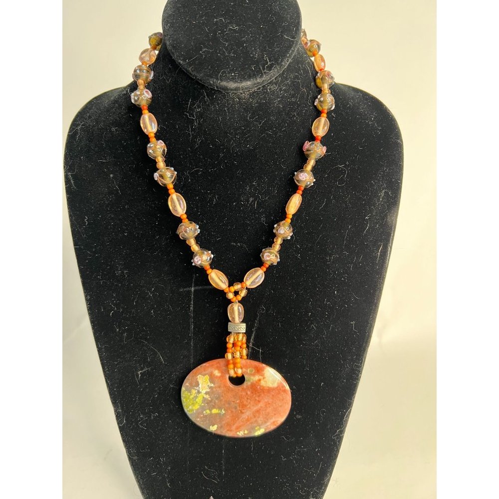 Artisan Made Handmade  OS Brown  Unakite Jasper Pendant Necklace Vintage